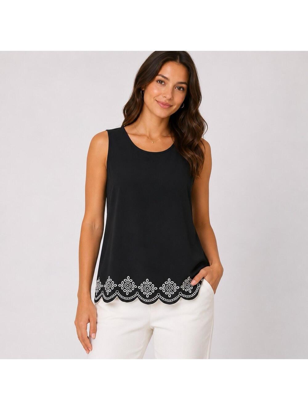 LOFT Black Mixed Media Sleeveless Blouse Embroidered Scalloped Hem Top Women